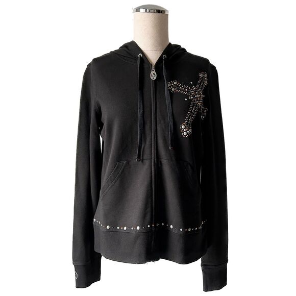 Christine Alexander Black Embellished Cross Zip Front Hoodie - Women's S - Picture 2 of 11